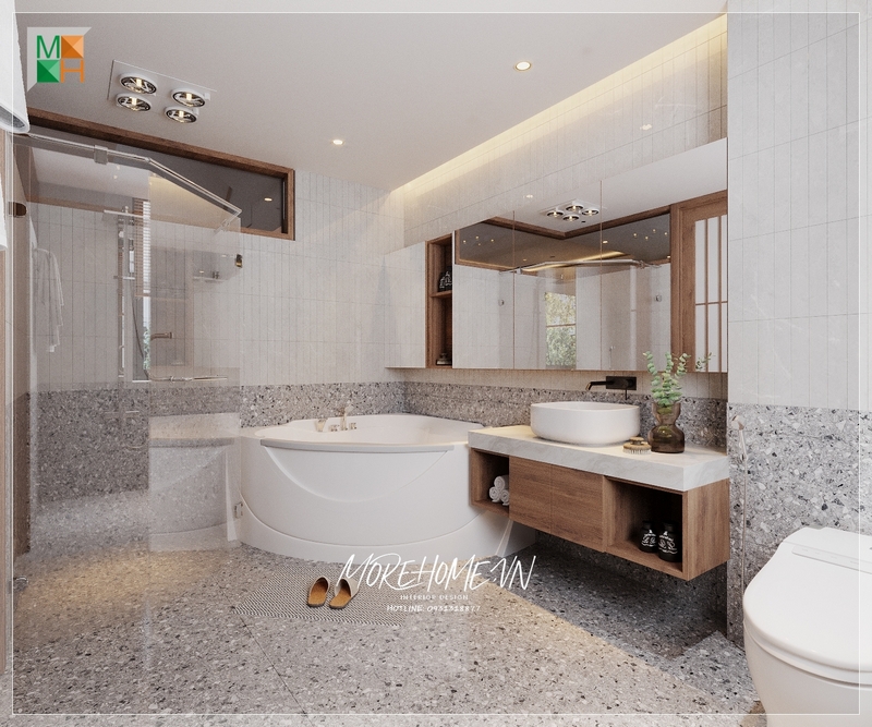 Thiết kế phòng tắm có bồn tắm hiện đại nội thất được phân chia theo từng khu vực mang tới sự tiện nghi trong quá trình sử dụng.