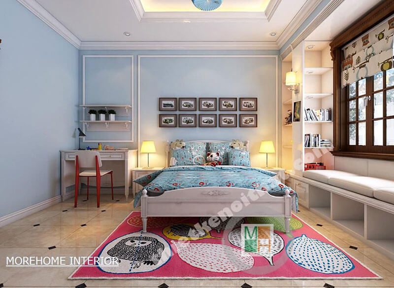 Nội thất phòng ngủ của bé với tone màu xanh trắng chủ đạo tạo không gian tươi mới và năng động cho trẻ