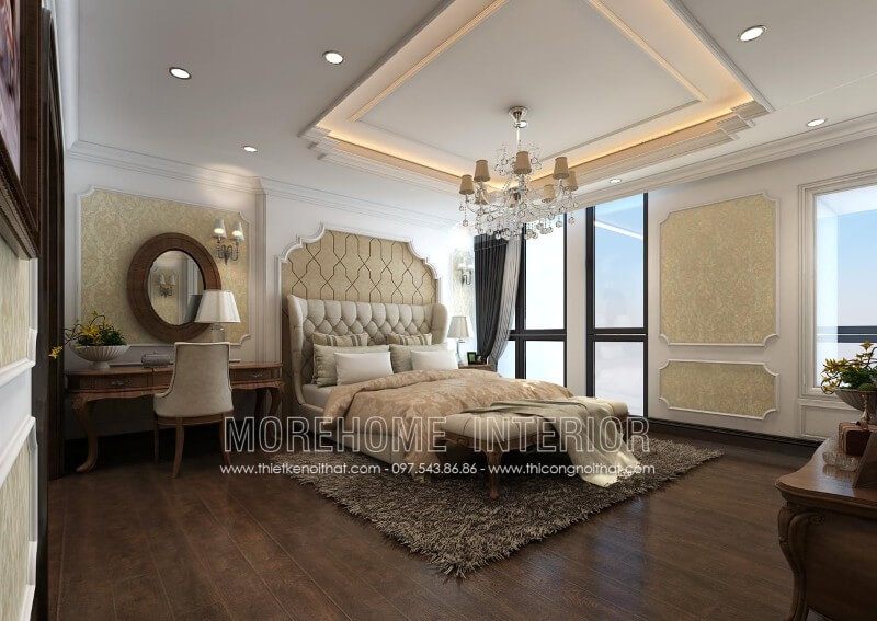 .
Giường ngủ tân cổ điển cao cấp có kích thước lớn để giúp gia chủ có thể tựa lưng thoải mái và đầu giường được thiết kế đặc biệt.
