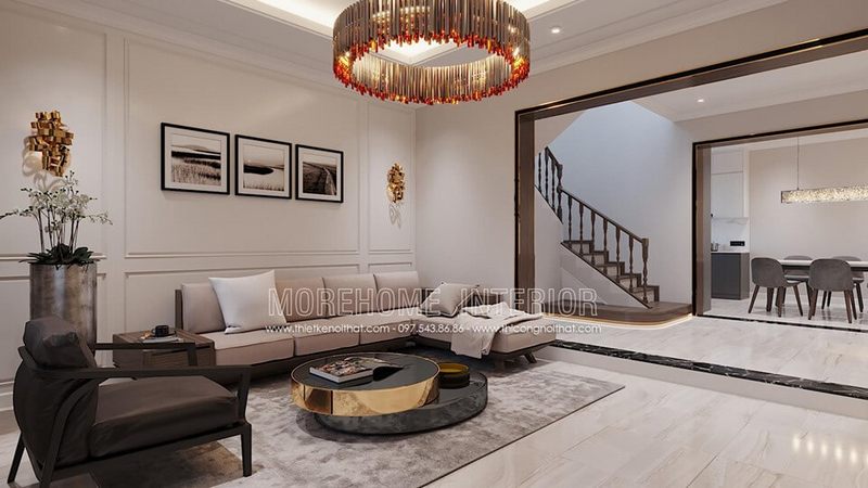 Sofa bọc nỉ hiện đại với thiết kế bằng gỗ tự nhiên cao cấp đem lại sự sang trọng cho phòng khách.