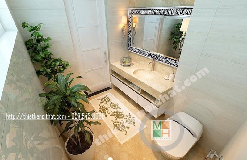 Mẫu kệ tủ lavabo gỗ công nghiệp hiện đại được kết hợp với đá ốp bề mặt tủ hiện đại, mang lại sự tinh tế và sang trọng.